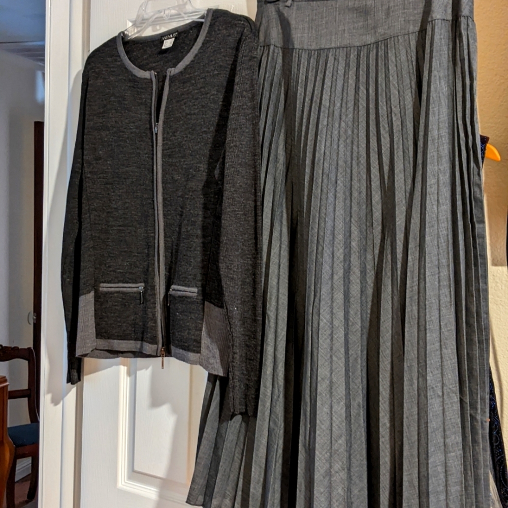 Venus Dark and Light Gray Skirt Set with Zipper Front Jacket and Pockets New